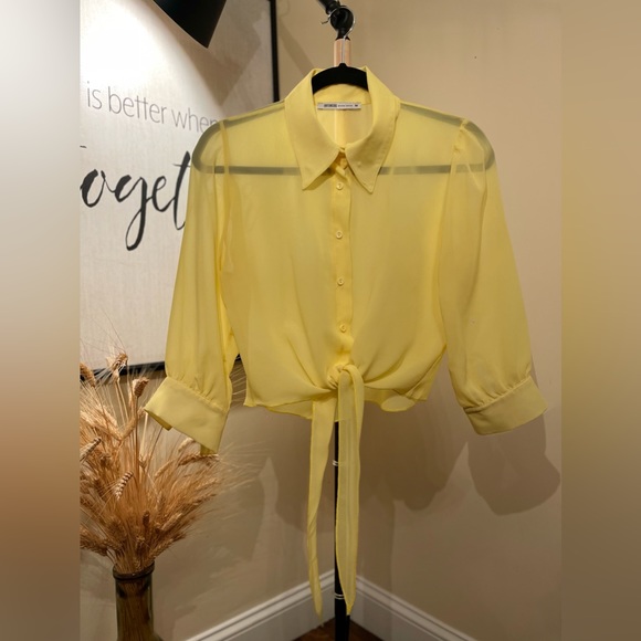 Women's Chic Half-Sleeved Chiffon-Mesh Button Down Yellow Shirt-Blouse-Top - Picture 4 of 12